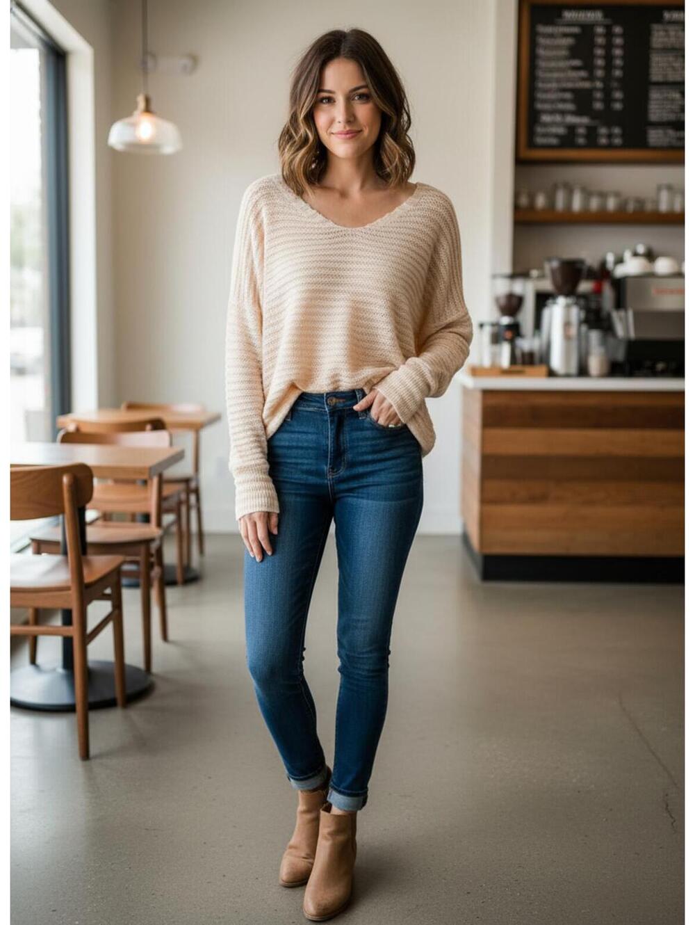 Free People peach bumblebee linen wool Knit V-Neck Sweater S